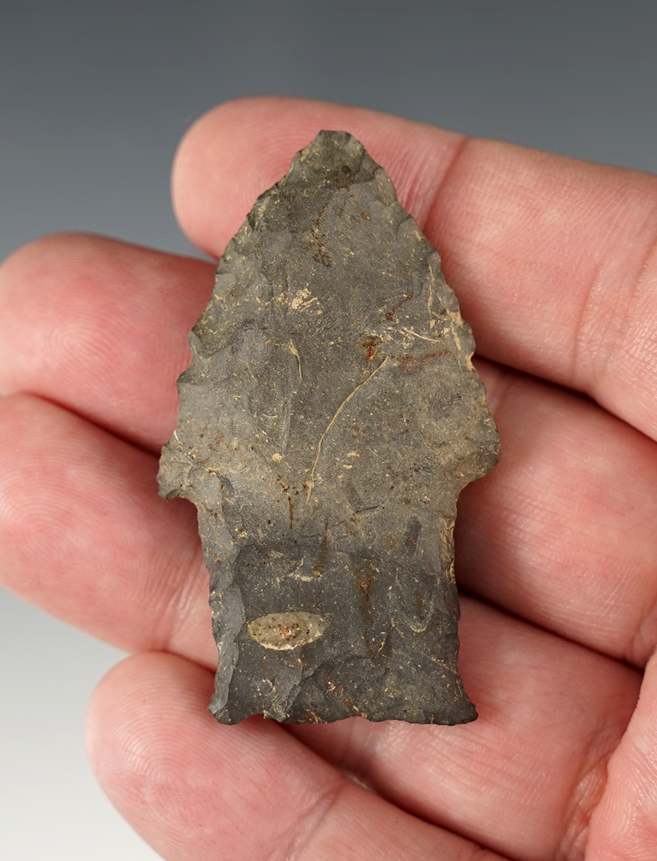 2 1/4" Stringtown Lance found in Delaware Co., Ohio. Made from patinated Nellie Chert.