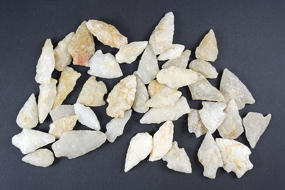 Set of 40 Quartz Arrowheads that were surface found in the Cecil Co., Maryland area.