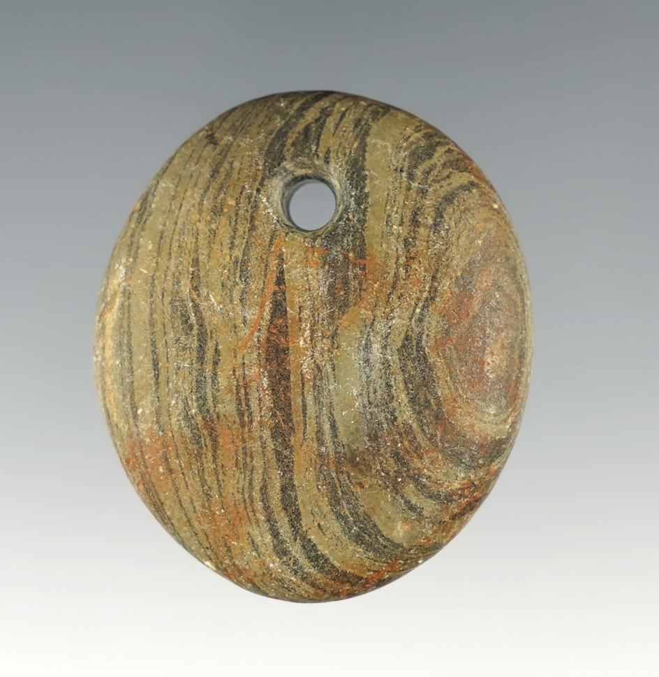 Miniature 1 5/8" Mississippian Pendant made from green and black Banded Slate. Found in Ohio.