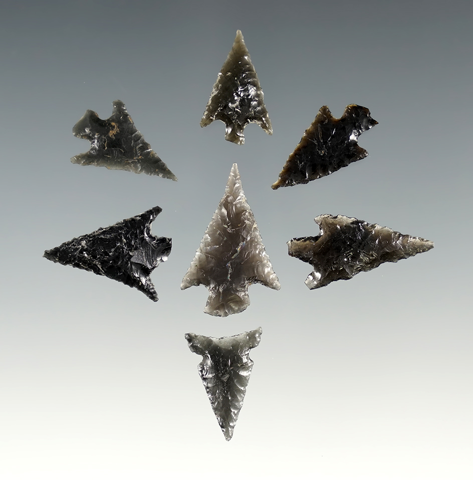Set of 7 assorted Oregon points made from Obsidian. The largest is 1 1/16".