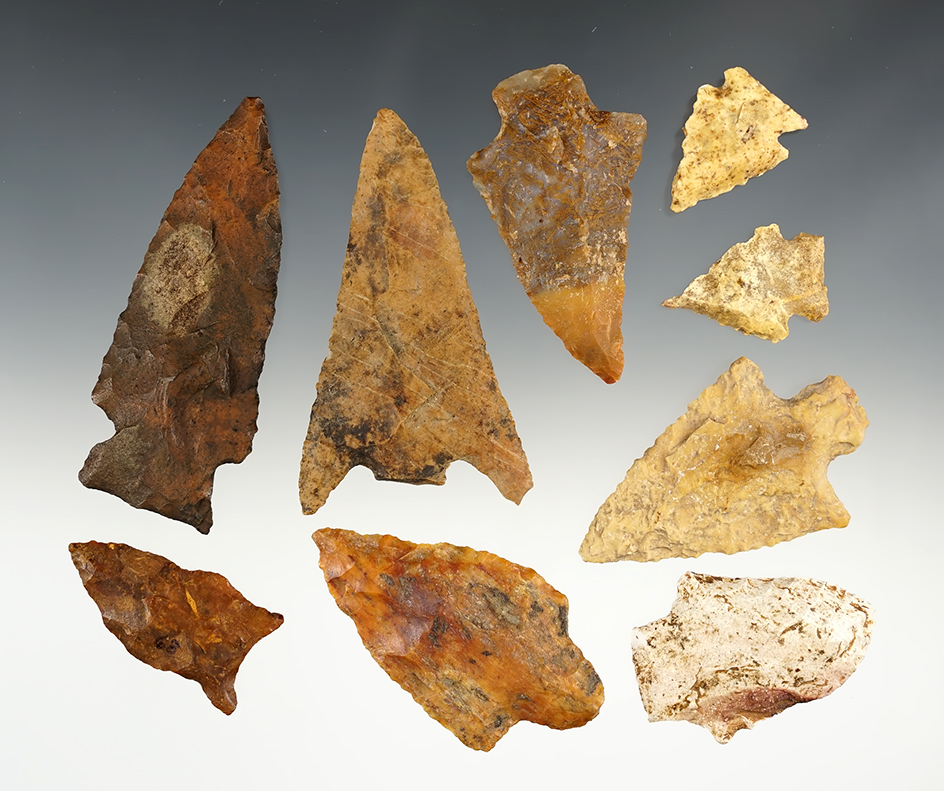 Set of 9 Deep South points, most are in good condition. The largest is 3 5/16".