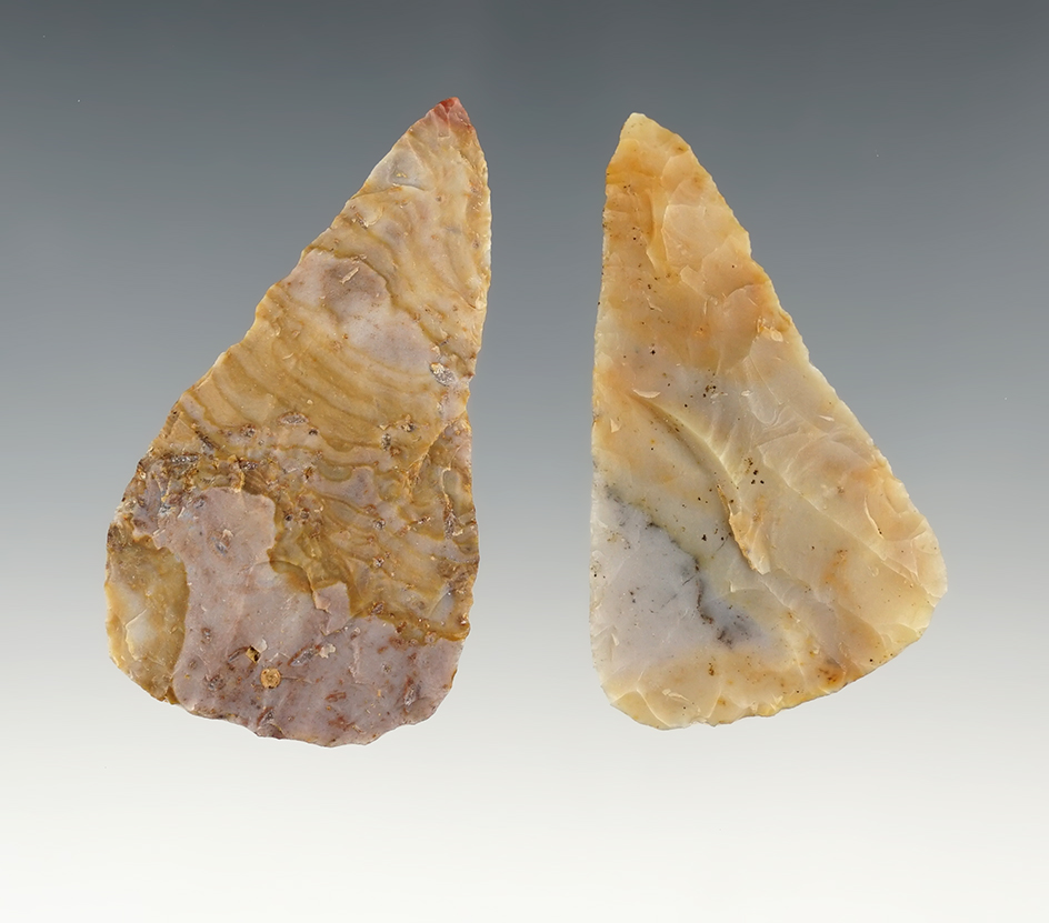 Pair of colorful Ohio Flint Ridge Adena Blades. The largest is 2 5/16".