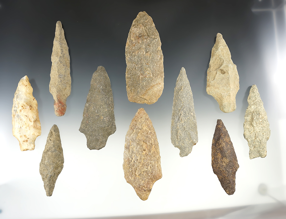 Set of 10 larger points found in the Eastern U.S. The largest is 4 1/4".