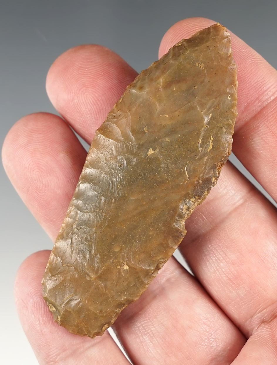 Impressive 2 15/16" Agate Basin made from beautiful Sonora flint. Found in Hardin Co., Kentucky.