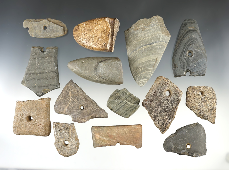 Set of 14 Bannerstone, Pendant and Gorget pieces and parts. Great for restoration or study.