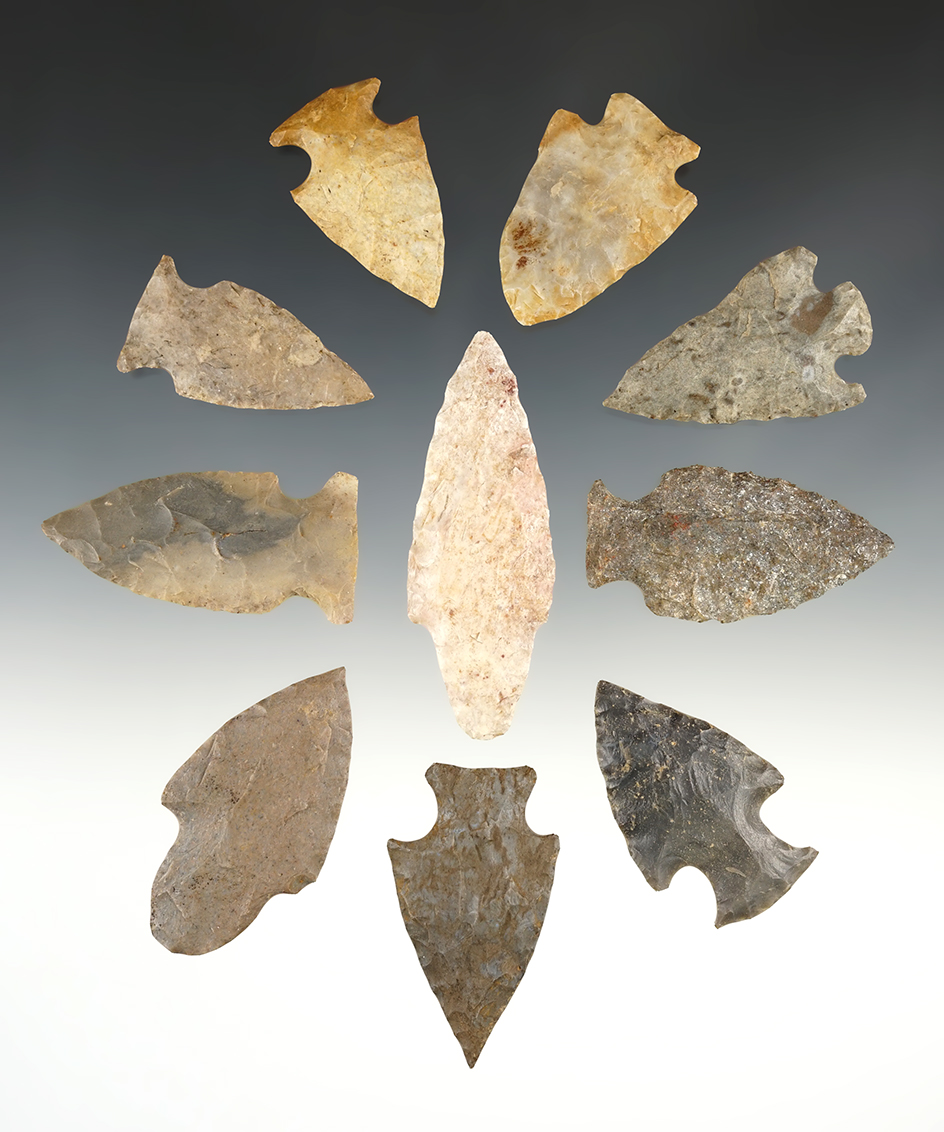 Set of 10 Midwest points in good condition. The largest is 3".