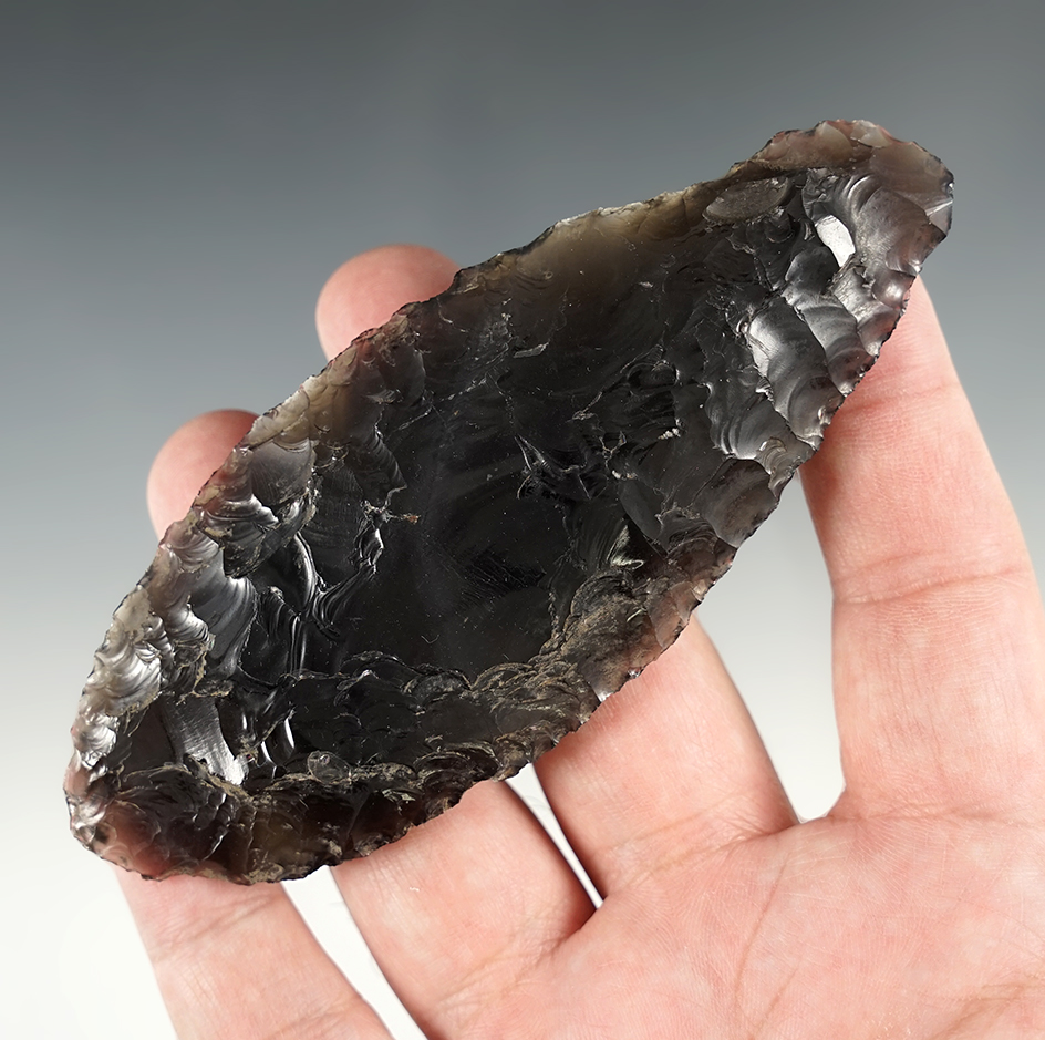4 13/16" Large Obsidian Knife that is nicely patinated. Found in Lake Co., Oregon.