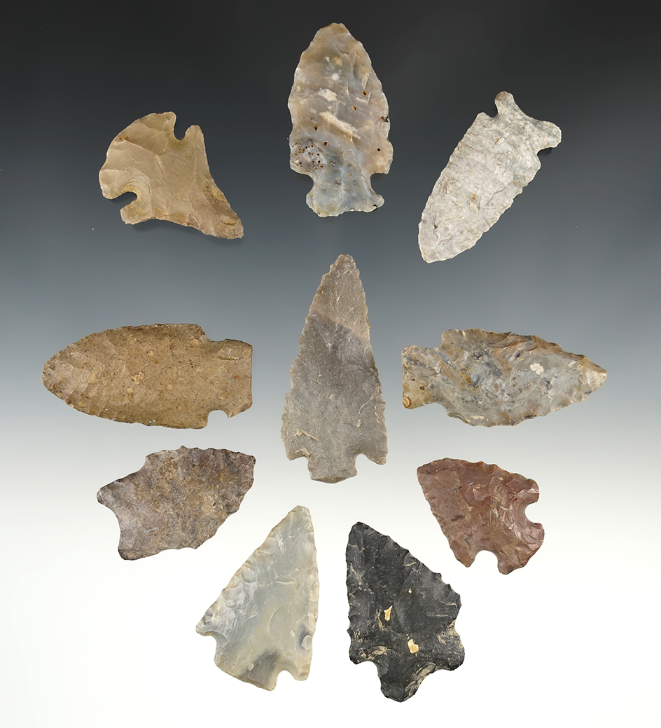 Set of 10 assorted Ohio points in good condition. The Largest is 2 3/8".