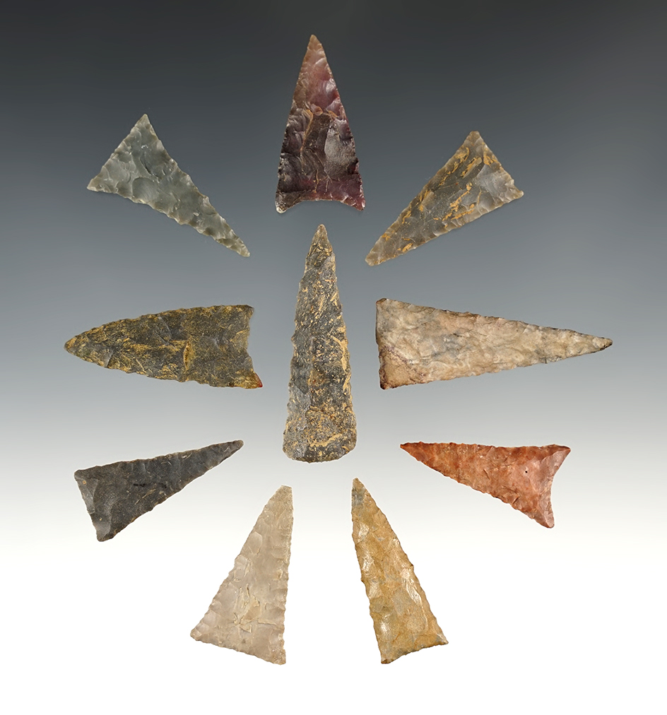 Set of 10 nice Trianlge points found in Kentucky and Tennessee. The largest is 1 13/16".