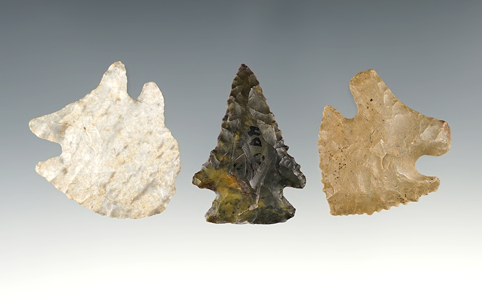 Three Archaic Cornernotch Points from various Ohio counties. Largest is 1 1/2".
