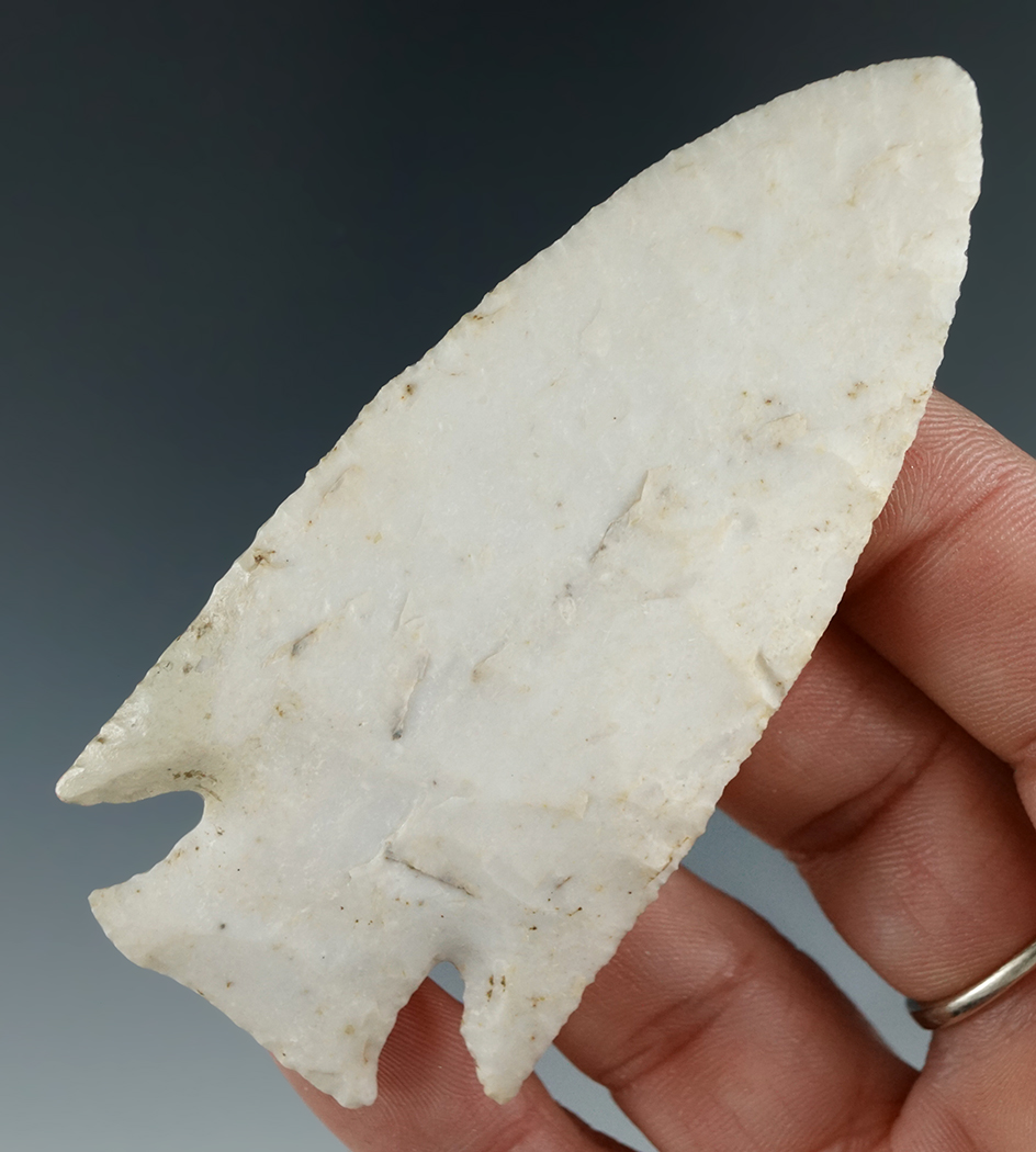 Classic style 3 1/4" Barbed Hardin found in Woodford Co.,  Illinois with restoration to one Barb.