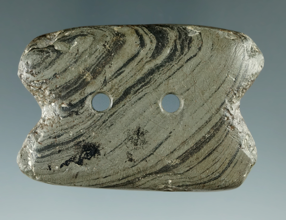 2 5/16" miniature Reel Gorget made from banded slate with engravings on surface.  Ohio.