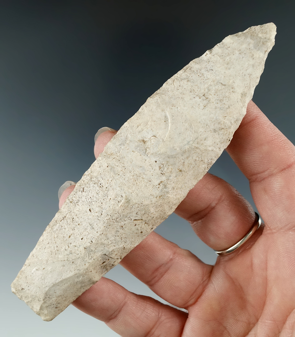 4 5/8" Paleo Lanceolate made of Burlington Chert. Nice deposits! Found in Calhoun Co., Illinois.