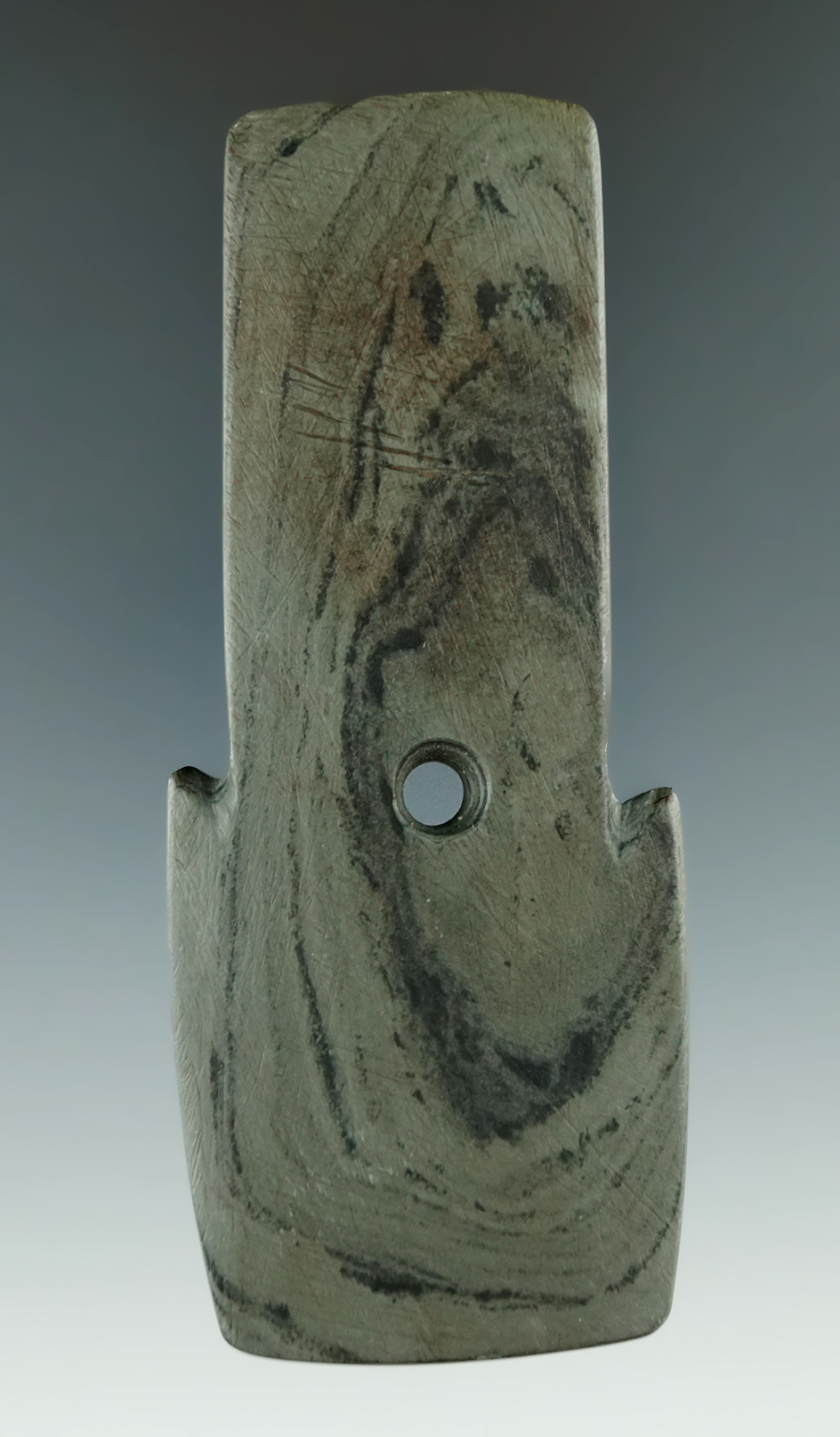 4 1/4" Banded Slate Shovel Pendant found in Hancock Co., Ohio.