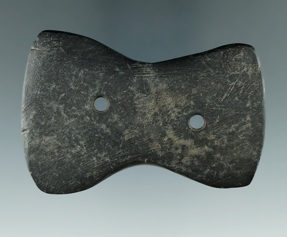 2 7/8" Adena Bi-concave Gorget made from Slate, found in Richland Co., Ohio. Ex. Beer, Hooks