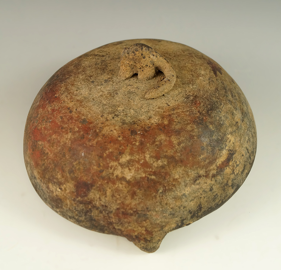 Very unique 6 1/4" wide pre-Columbian pottery container lid with an animal effigy on top.