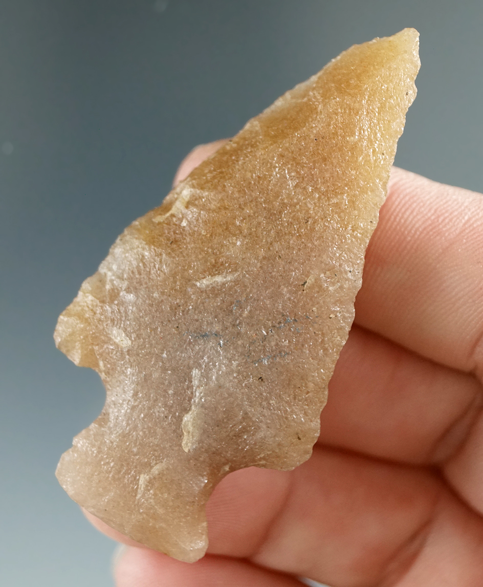 2 5/16" Hixton Silicified Sandstone Point with an expanded stem found in Illinois. Ex. Hooks.