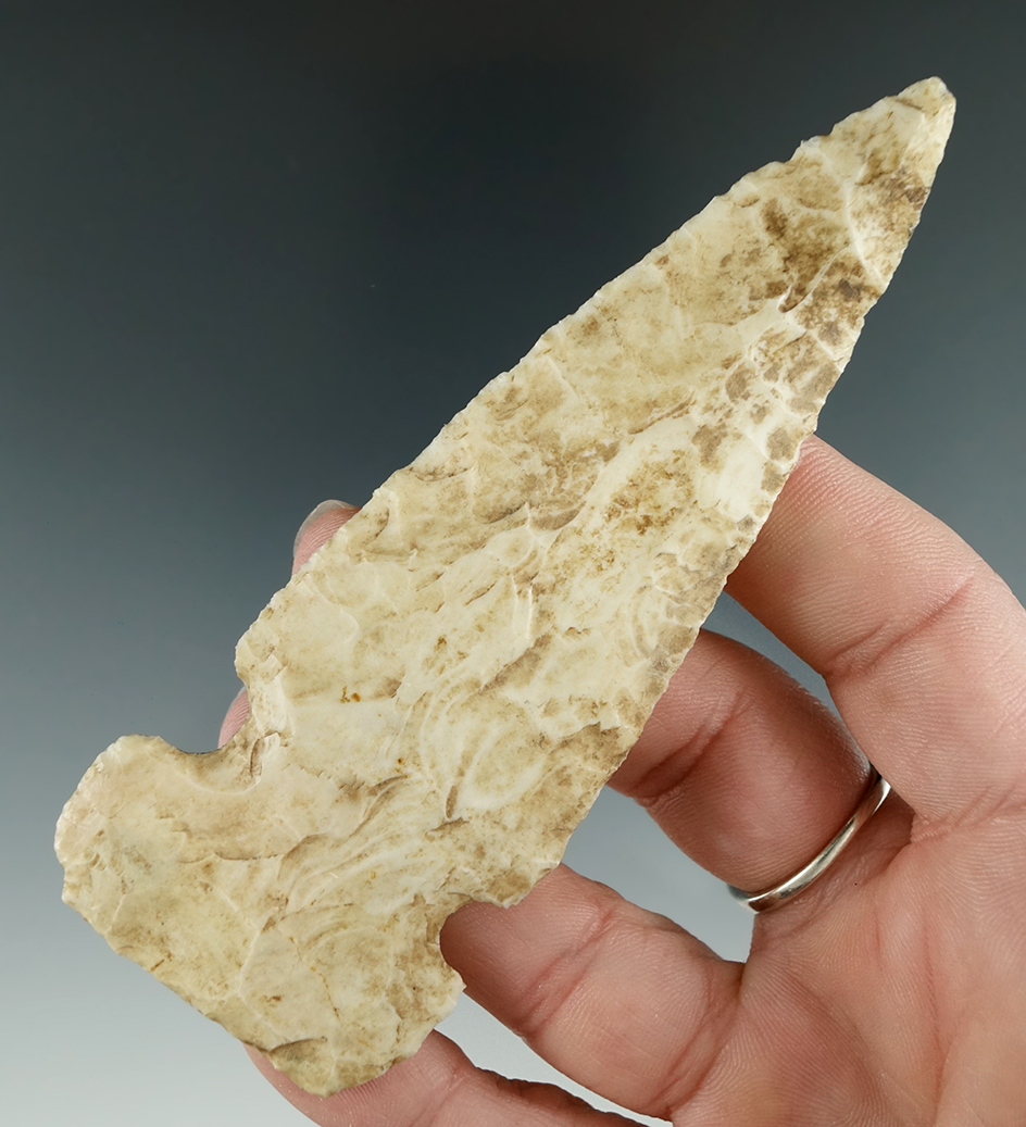 4 1/4" Sidenotch Knife made from Burlington Chert. Found in St. Clair Co., Illinois. Perino COA.