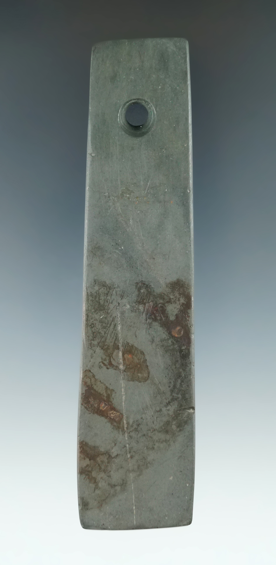 4 3/4" finely made Banded Slate Trapezoidal Pendant with very fine finish. Crawford Co., Ohio.