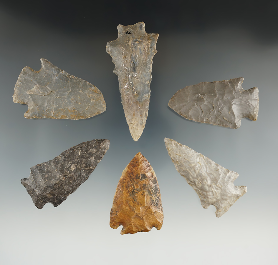 Nice group of six assorted Kentucky points, largest is 3 1/16".