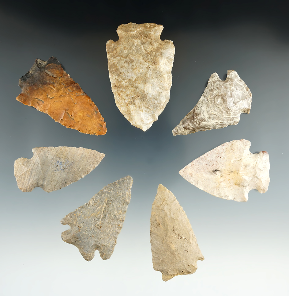 Seven arrowheads in very nice condition found in Kentucky and Tennessee, largest is 2 7/16".