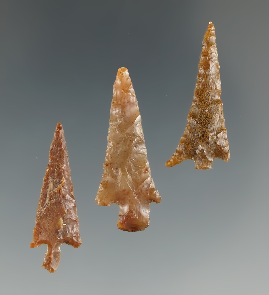 Set of three Columbia River Gem points from the collection of Jim Hogue, largest is 1 3/16".