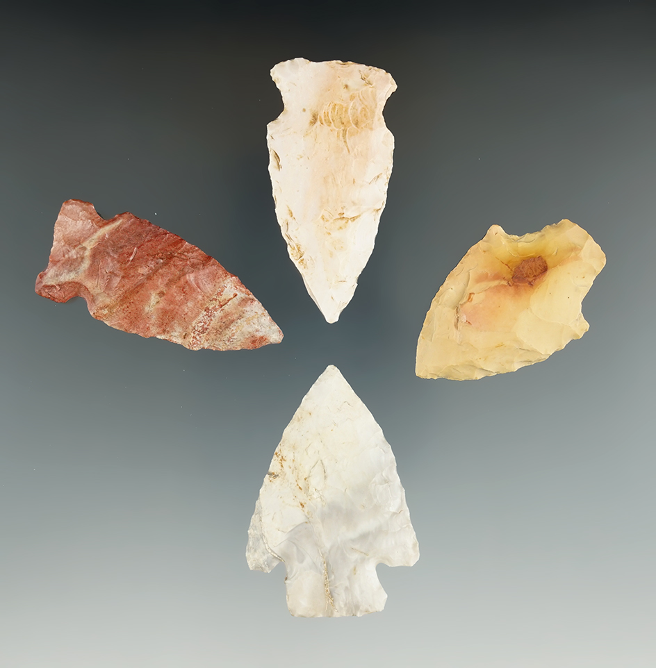 Set of four nice Missouri arrowheads, largest is 2".