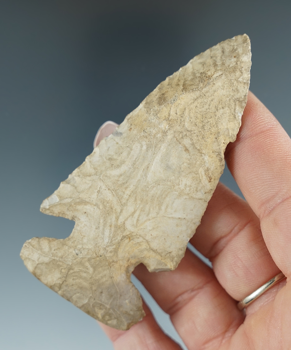 3 1/4" heavily patinated Archaic Thebes bevel found in Illinois.