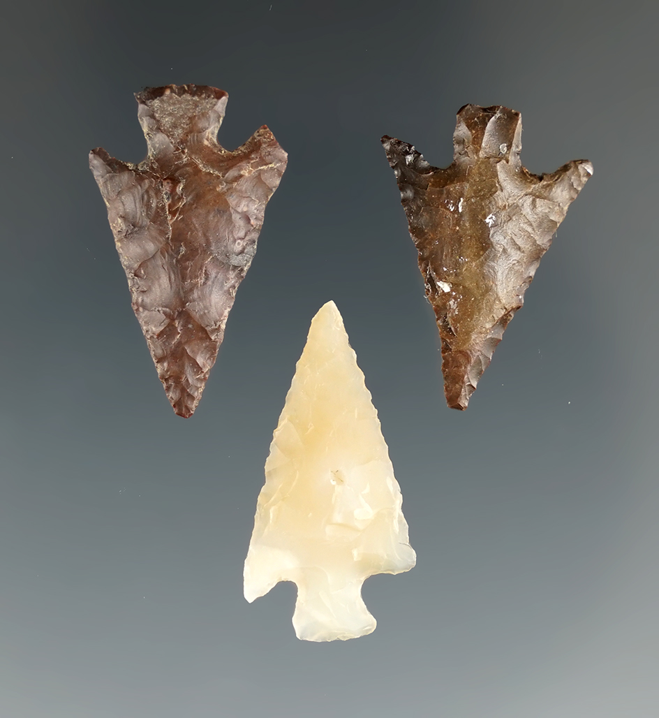 Set of three Columbia Plateau points found near the Entiat River, Washington. Largest is 1 1/16".