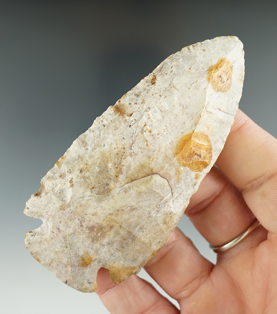 3 1/2" Dovetail that is heavily patinated found in Illinois. Ex. Al Kennedy, Herb Hoover collections