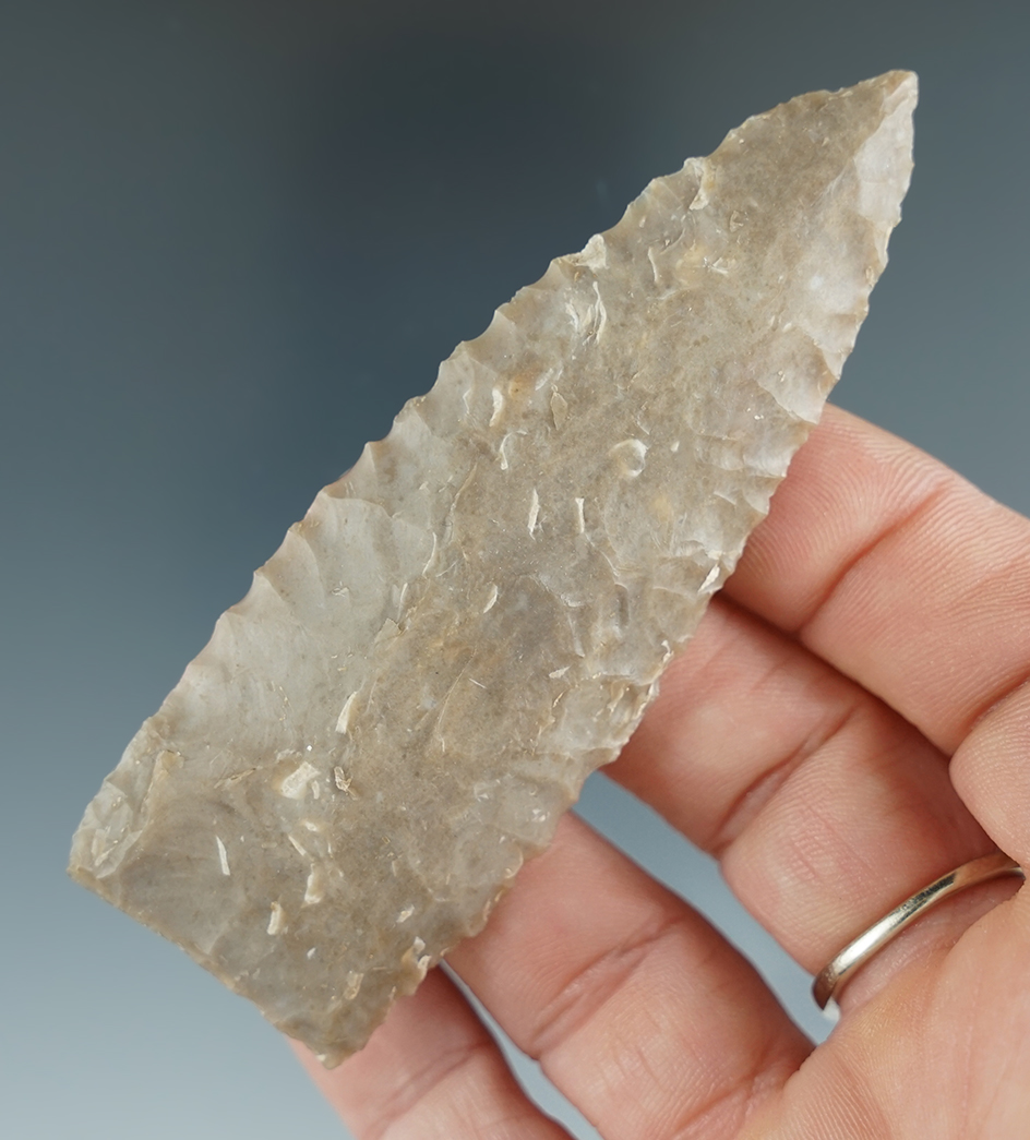Excellent flaking on this 3 3/8" Early Triangle found in Uvalde Co.,Texas. Comes with a Rogers COA.