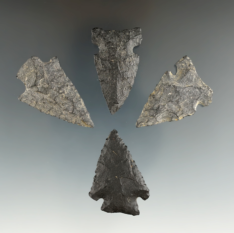 Set of four basalt arrowheads found in Oregon from the collection of Jim Hogue. Largest is 1 11/16".