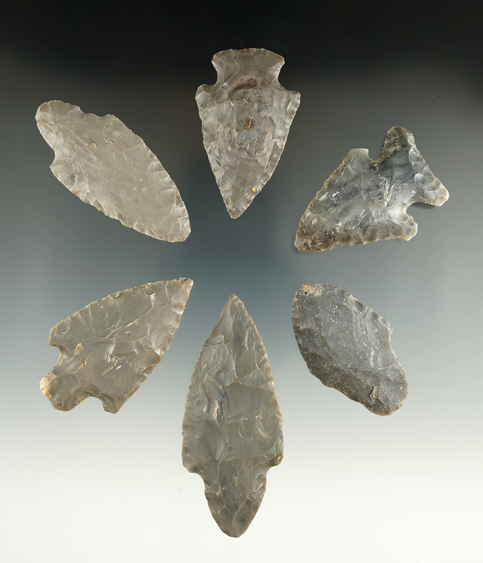 Group of six hornstone points found in Kentucky/Indiana. Largest is 3".