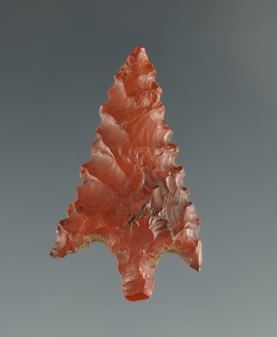 1 1/8" Gunther barbed with nice serrations made from red Jasper found in Oregon. Ex. Jim Hogue