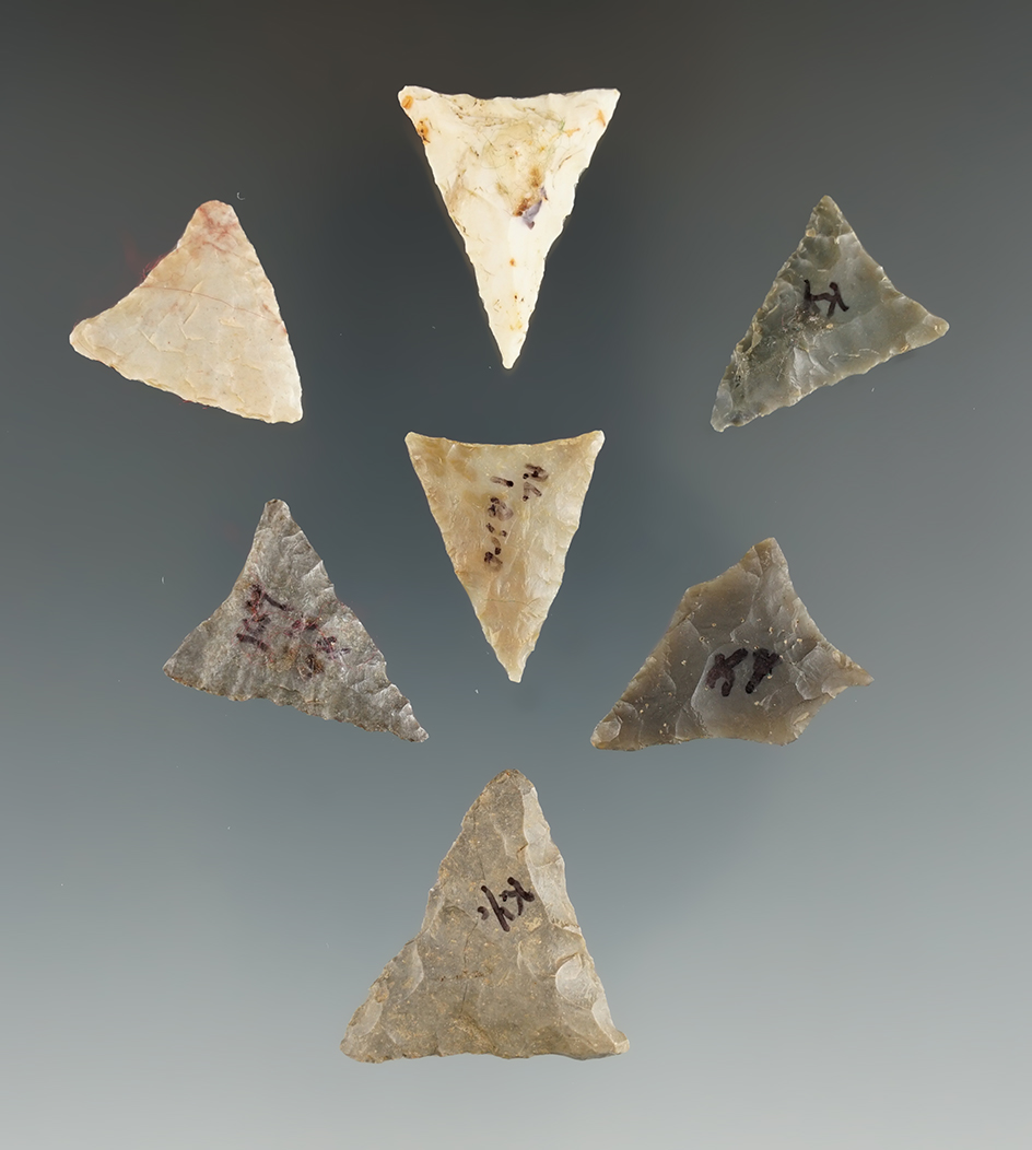 Set of seven points found in Hardin Co.,Kentucky, largest is 1".