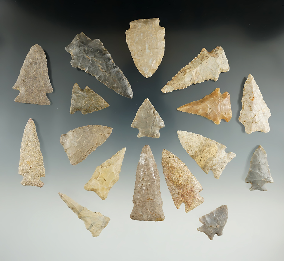 Group of 17 assorted Kentucky arrowheads, largest is 2 3/16".