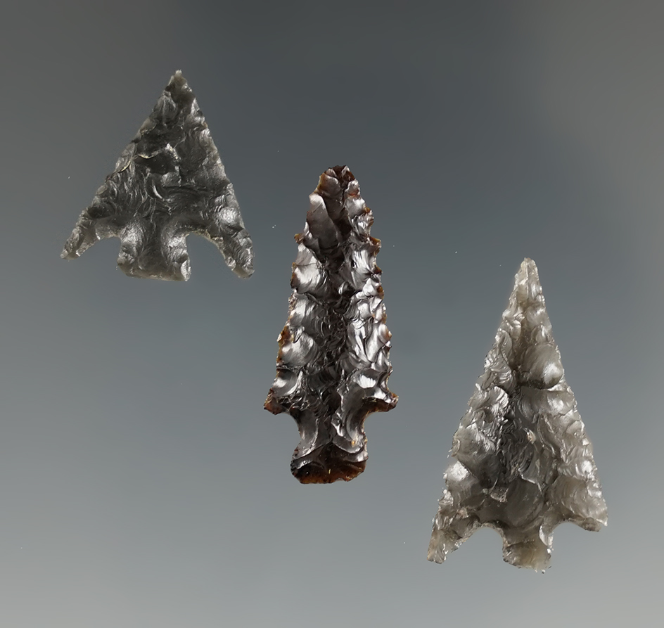 Set of three obsidian arrowheads found in Oregon from collection Jim Hogue. Largest is 1 1/8".