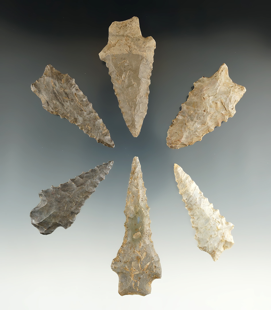 Group of six assorted serrated Kentucky artifacts, largest is 2 7/8".