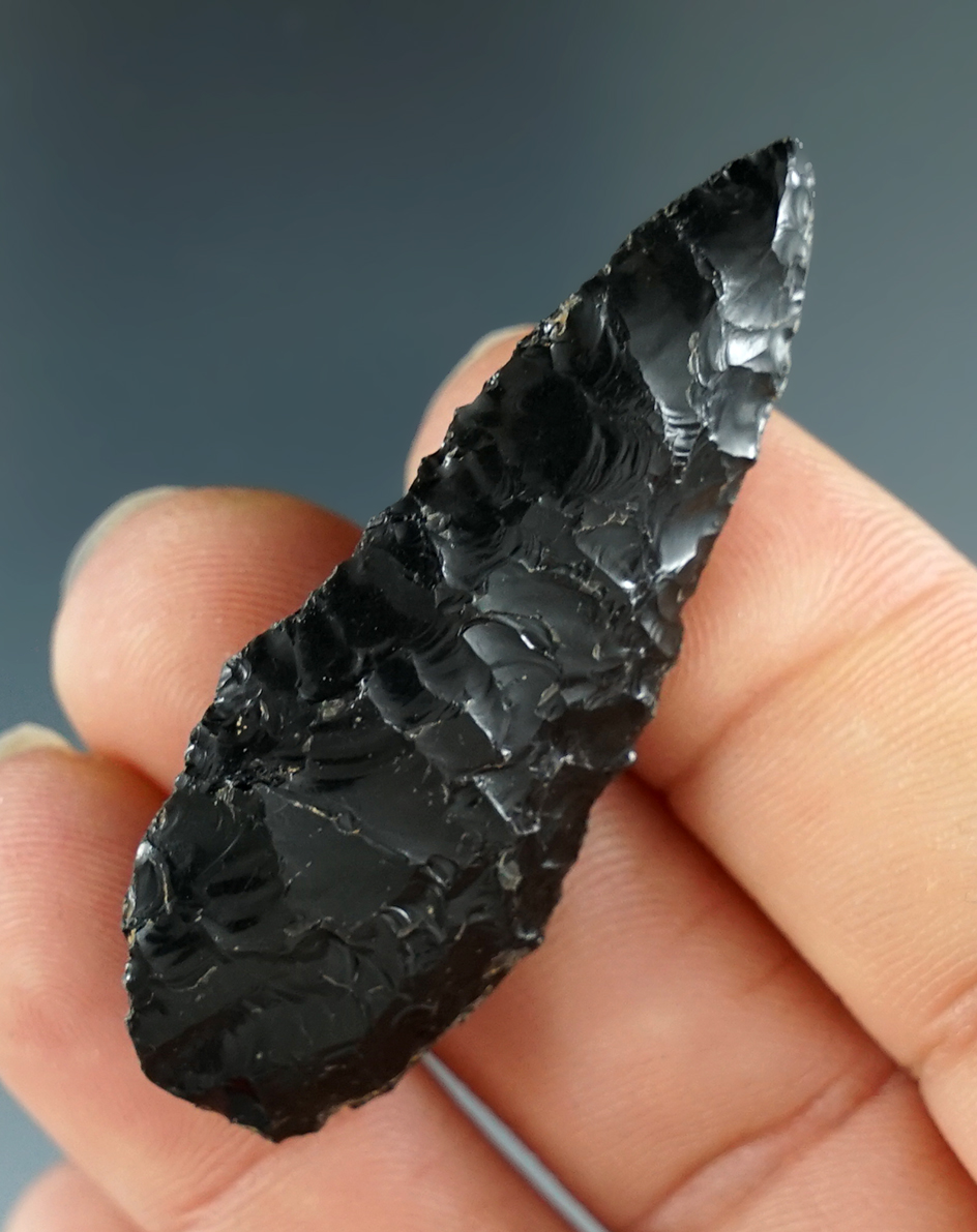 2" obsidian Cascade found near Klamath Falls Oregon. Ex. C. J. Heaton, Jim Hogue collections.