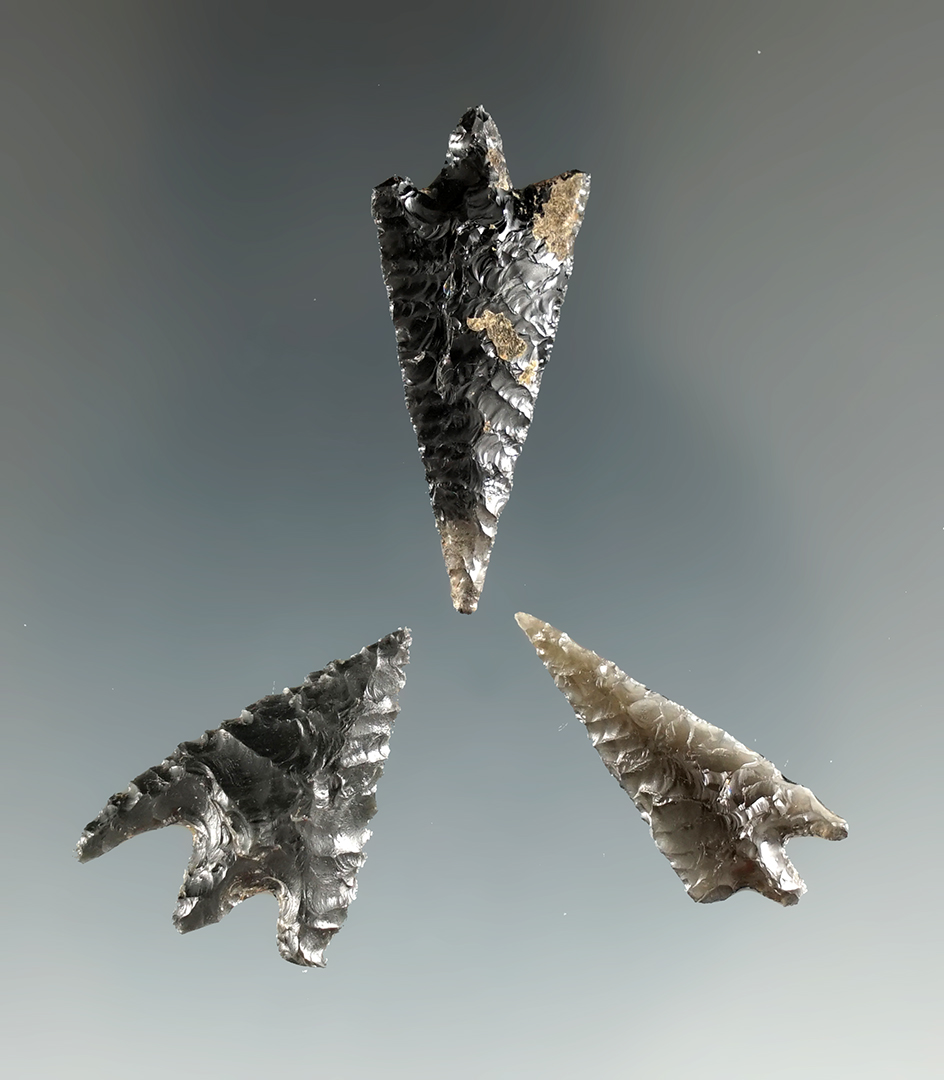 Set of three Oregon arrowheads made from obsidian, largest is 1 1/4". Ex. Jim Hogue collection.