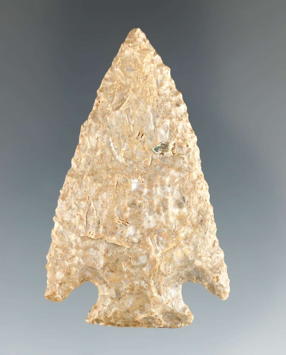 Excellent flaking and style on this well patinated 2 1/4" Cornernotch point found in Kentucky.