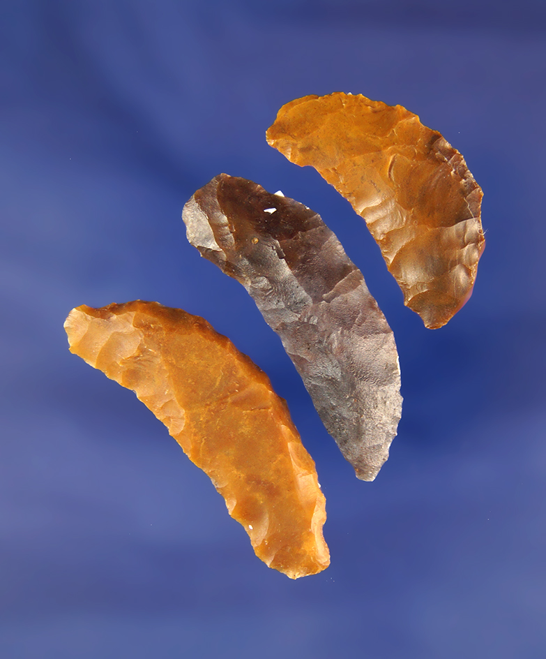 Set of three Paleo Crescent's found in the Black Rock Desert by R. D. Mudge. Largest is 1 3/16".