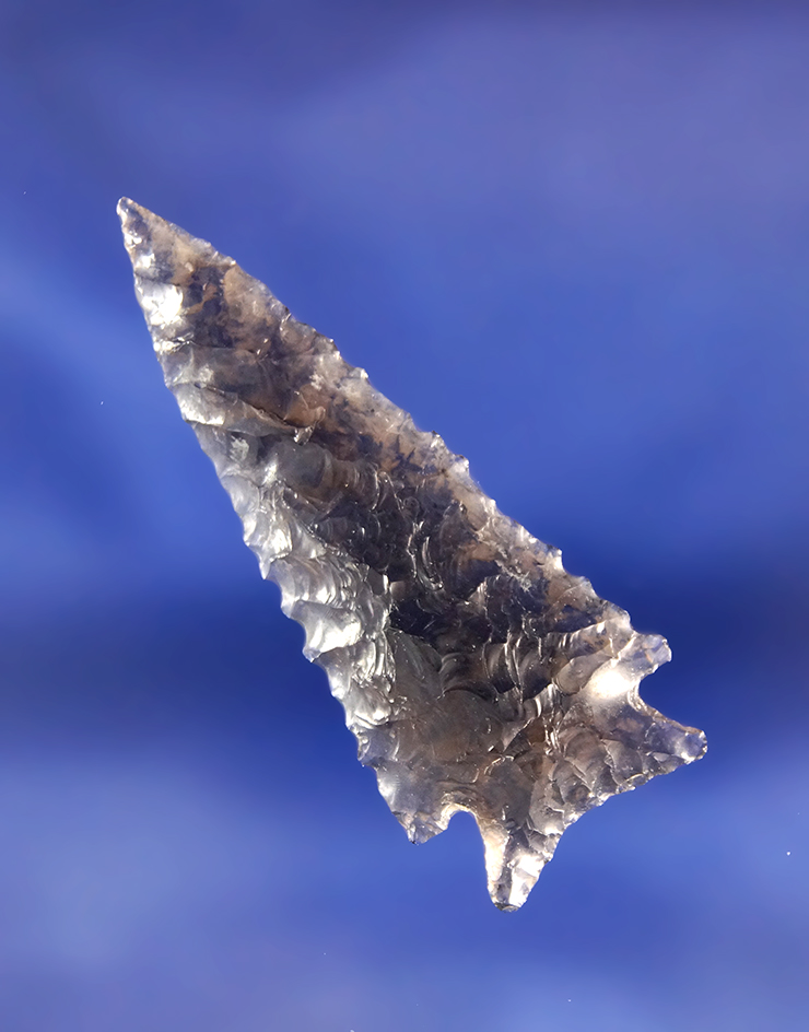 Excellent style, quality flaking and semi translucent Obsidian material  Elko Cornernotch.