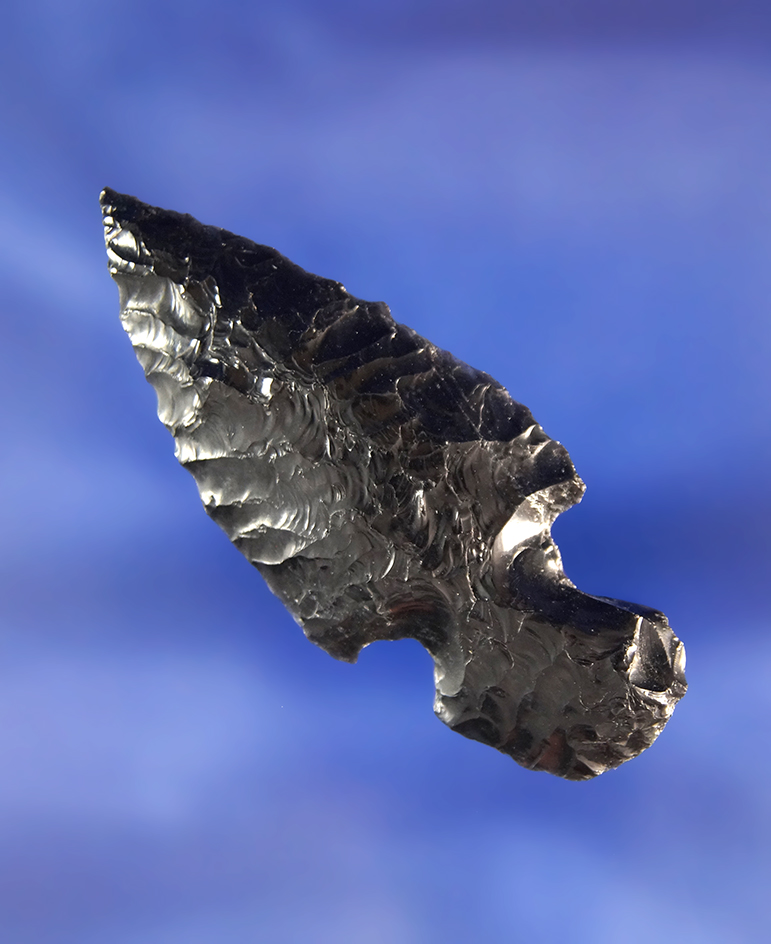 2 3/16" Nightfire Island made from Obsidian with an anciently reworked basal area - Oregon.