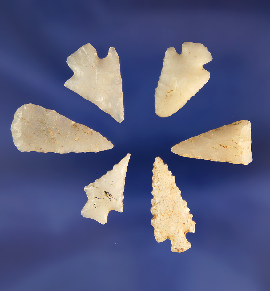 Set of six Western U.S. Arrowheads, all and nice condition. Largest is 1".