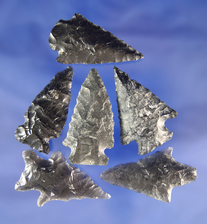 Set of six Obsidian arrowheads found in Fort Rock Oregon, largest is 1 5/8".