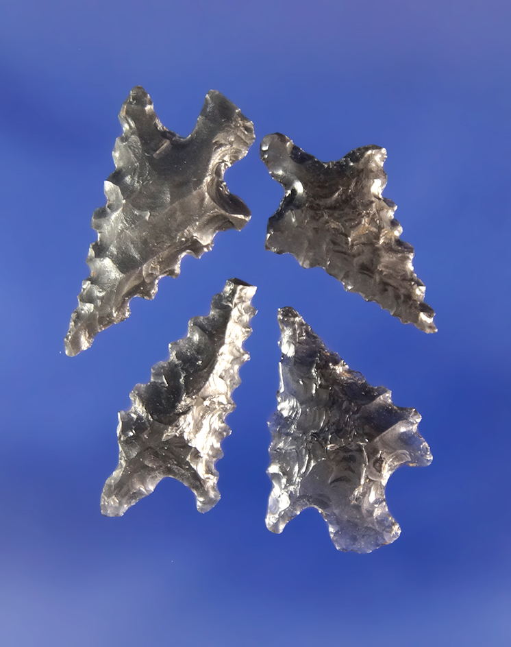 Set of four assorted serrated Obsidian arrowheads found in Oregon. Largest is 3/4".