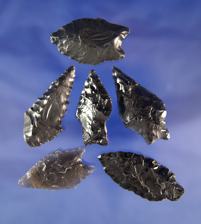 Set of six Obsidian arrowheads found in Nevada and Idaho in Oregon, largest is 1 3/4".