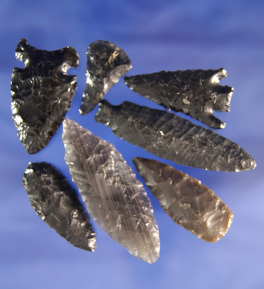 Set of seven Obsidian arrowheads found in Oregon, largest is 2 1/16".