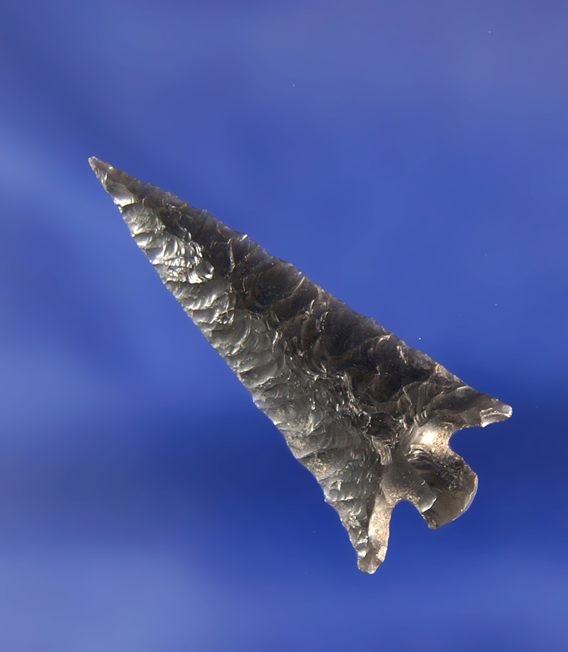 Exceptional! 1 7/16" Obsidian Rose Springs Corner Notch with incredible flaking  Fort Rock, OR.